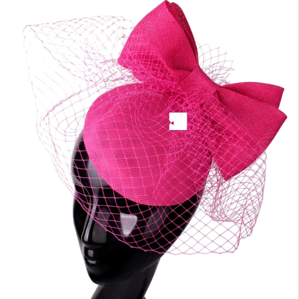 Beloved Millinery Pretty Fuschia Pillbox Lace Veil Fascinator Bow Tea Brunch